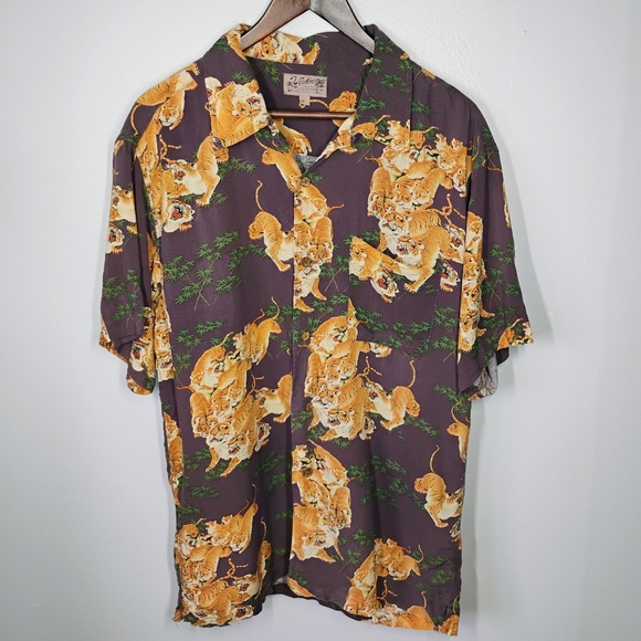 Vintage Ulcolow Honolulu Tiger Shirt Mens M/L Brown Hawaiian Rare Asian Retro - Picture 1 of 10